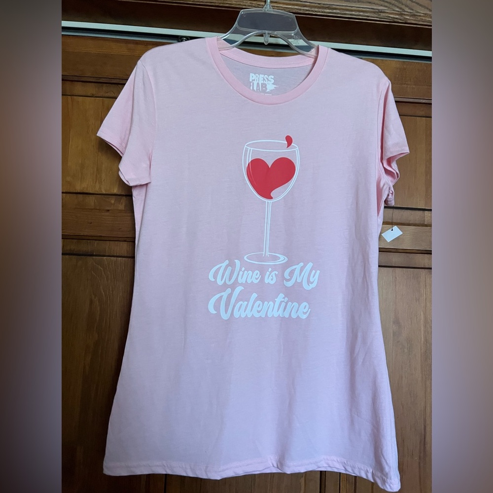 Press Lab Womens Medium Wine Is My Valentine Pink Tee PLUS free socks, both new